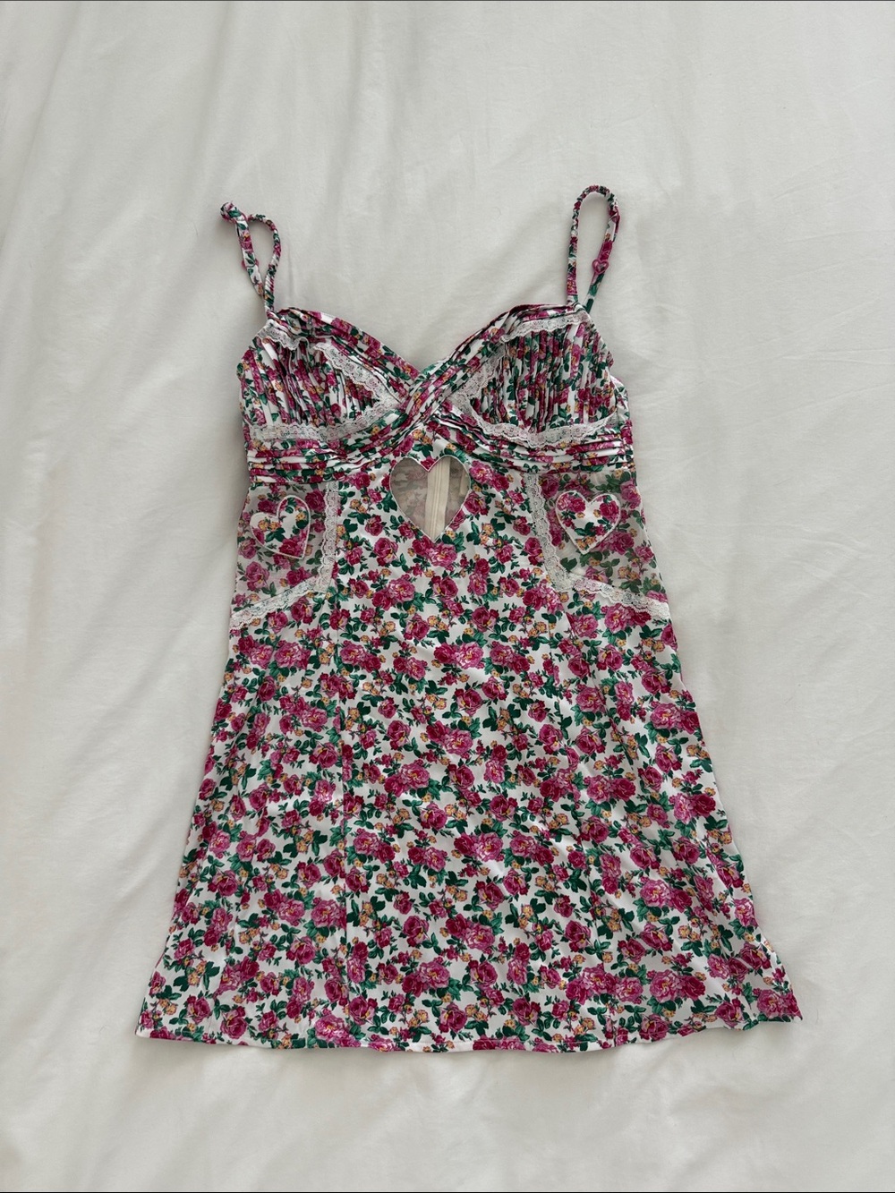 For Love And Lemons Pink Rose Heart-Cut Floral Cami Mini Dress